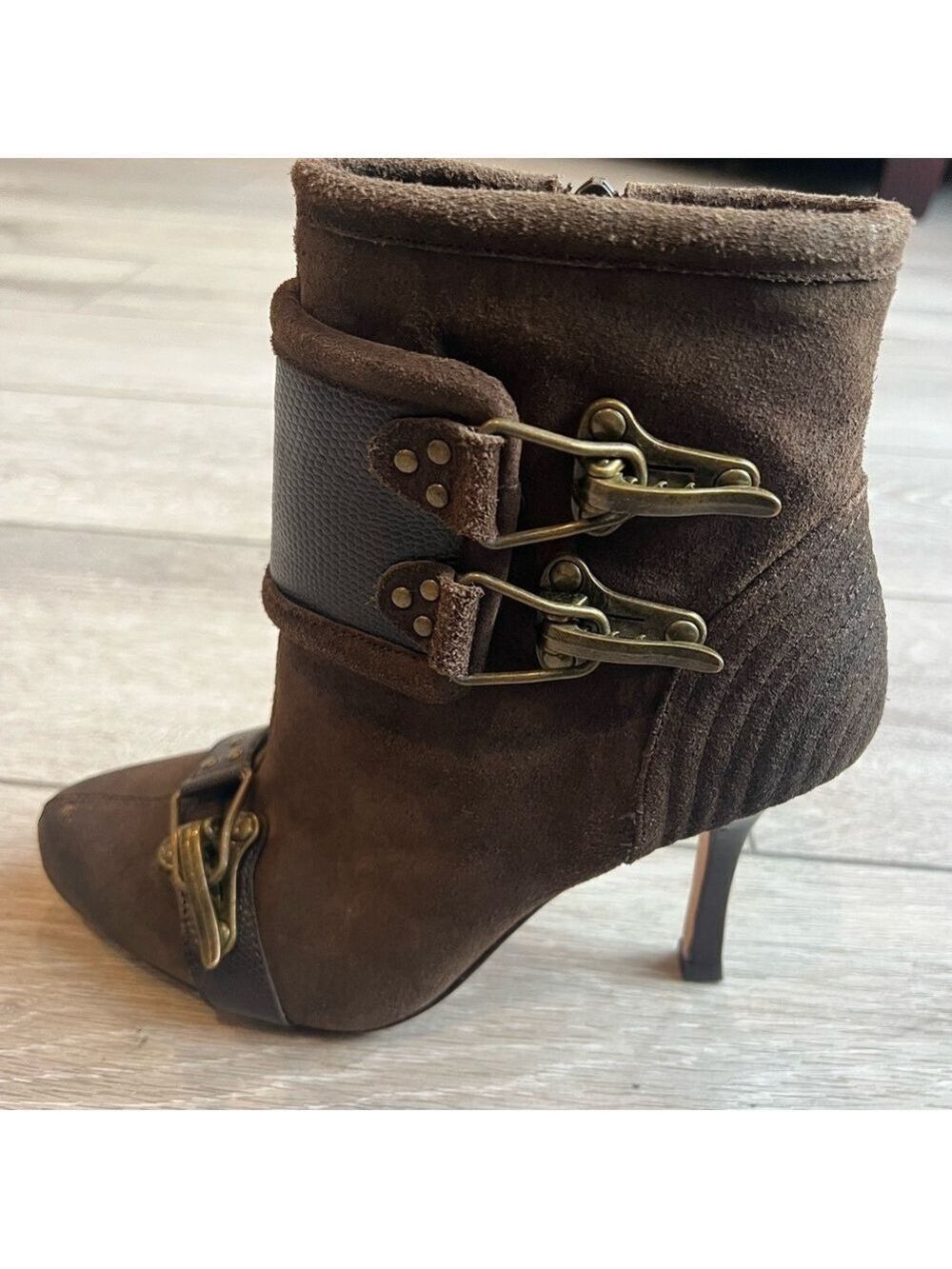 Plenty by Tracy Reese chocolate Brown Suede Ankle Boots with Buckle Detail 7.5 - Picture 2 of 12